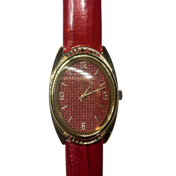 Joan Rivers Classics Watch Red Dial Gold Trim Textured Face Red Strap NEW Works - Picture 1 of 11